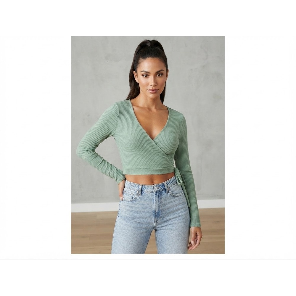 rue21 Sage Green Ribbed Knit Wrap Top Open Back Long Sleeve Crop Top